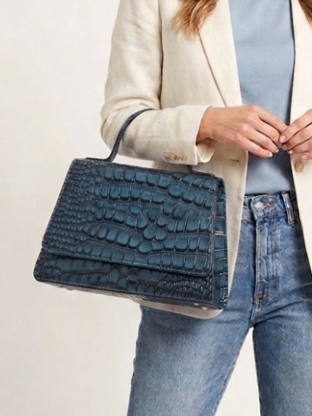 Geir Ness Norway Metallic Blue Croc Embossed Top Handle Flap Satchel Bag